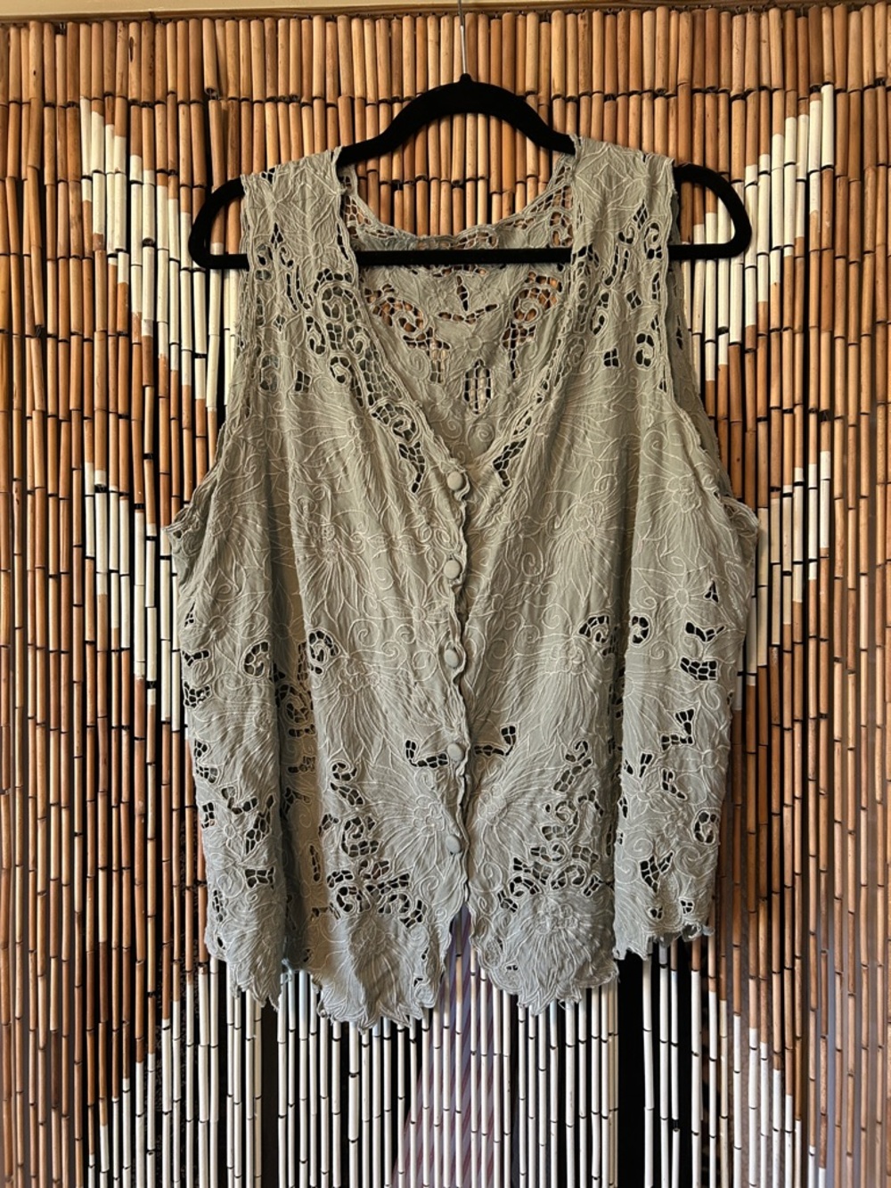 Sleeveless Lace Button-Front Top in Light Olive